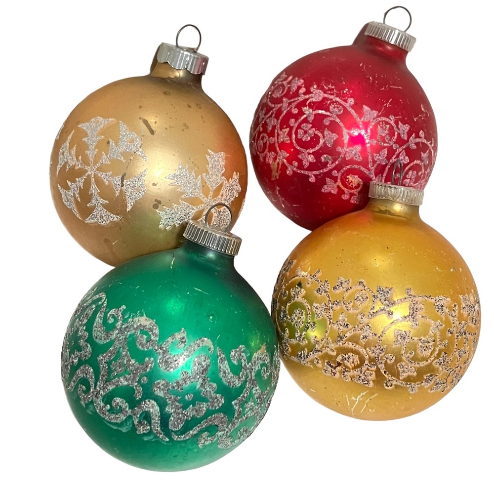 Vintage West Germany Shiny Brite Glass Glitter Stencil 4 Christmas Ornaments